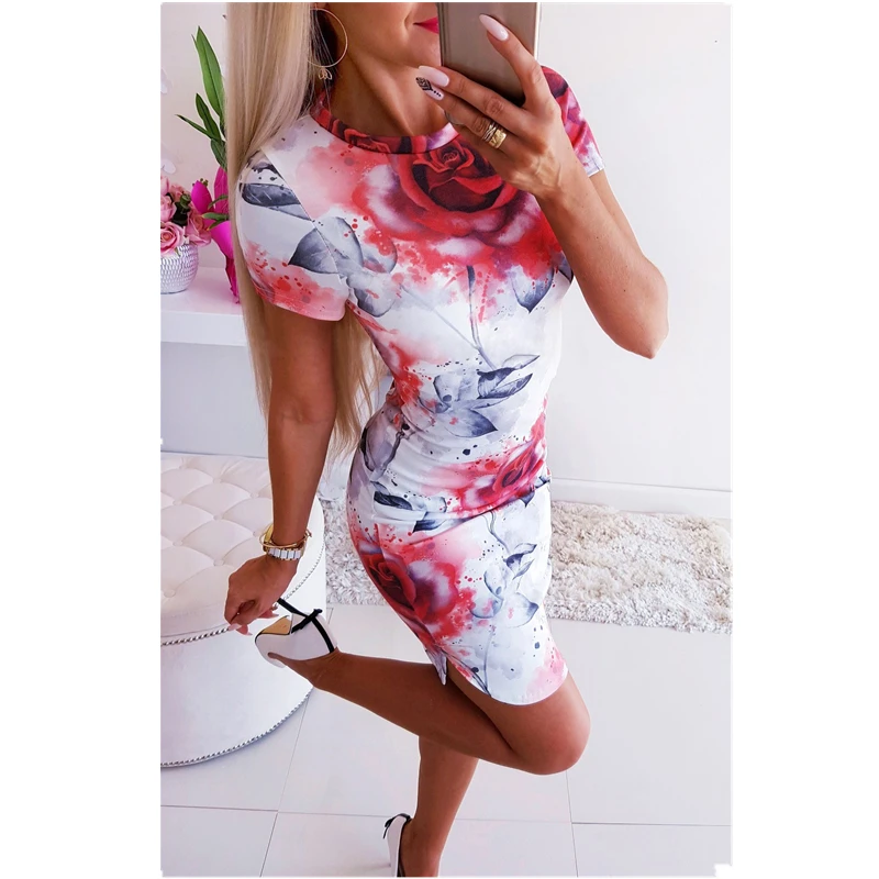 

2021 New Elegant Women Slim Hips Dress Patchwork Design Short Sleeve O-Neck Flower Print Ladies Summer Fashion Bodycon Dresses