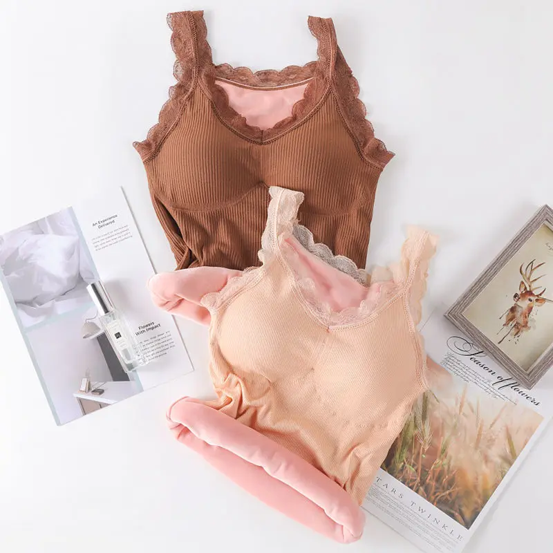 

2021 Winter Women Tops Lace Padded Camisole Bras Seamless Bra Padded Solid Tank Top Straps Soft Padded Camisole Femme Y989