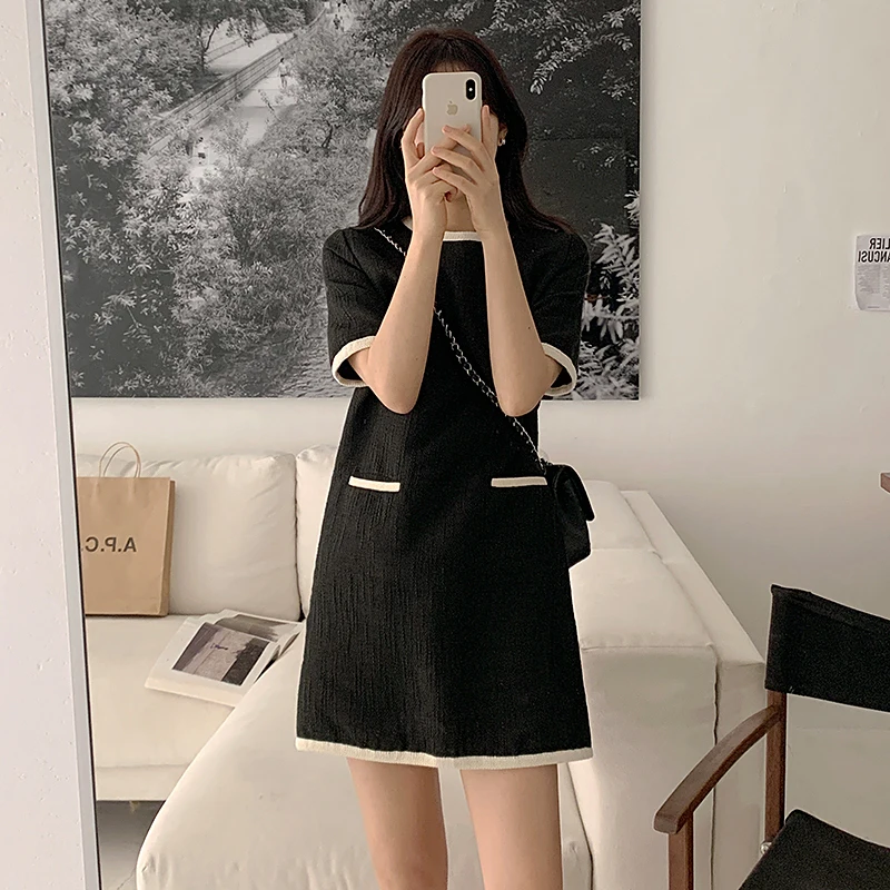 Мини-платье с карманами элегантное черное офисное платье в Корейском стиле
