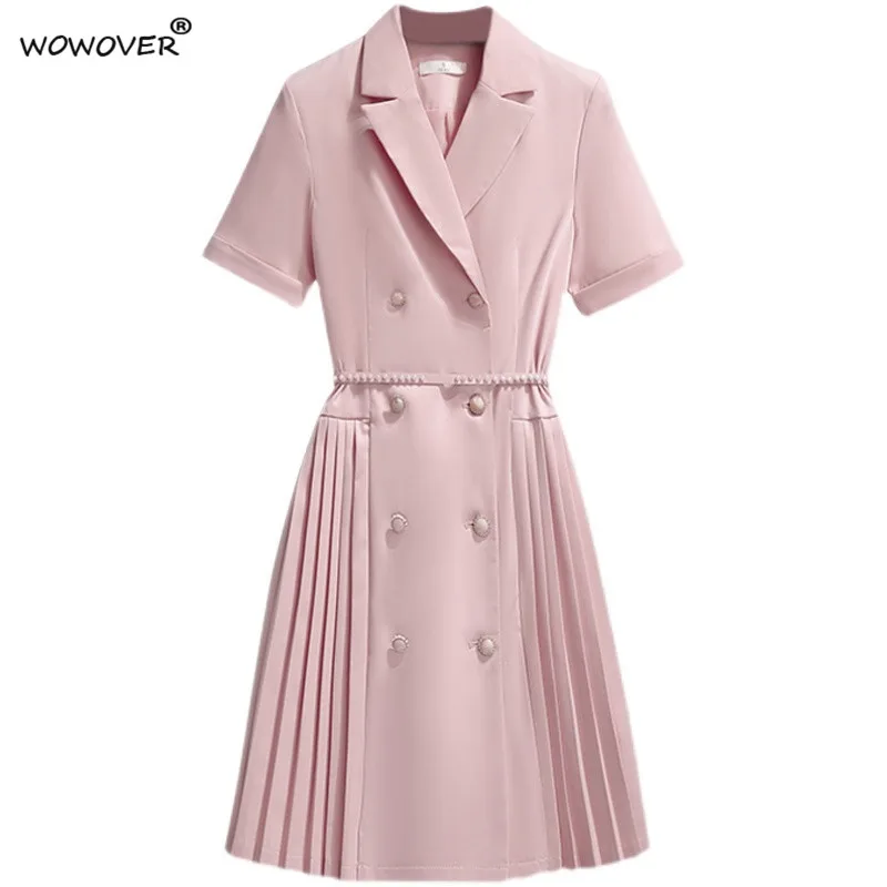 

Top Fashion Runway Summer Notched Double Breasted Blazer Dress for Women Clothing 2021 Short Sleeve Pink Party Office Vestido