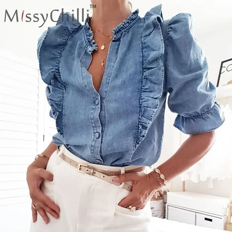 MissyChilli синяя Джинсовая блузка с оборками и пышными рукавами женская элегантная