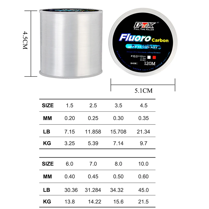 

120M Fluorocarbon Coating Fishing Line7.15LB-45LB Carbon Fiber Leader Line Strong Monofilament Nylon Line Mainline Tippet Pesca
