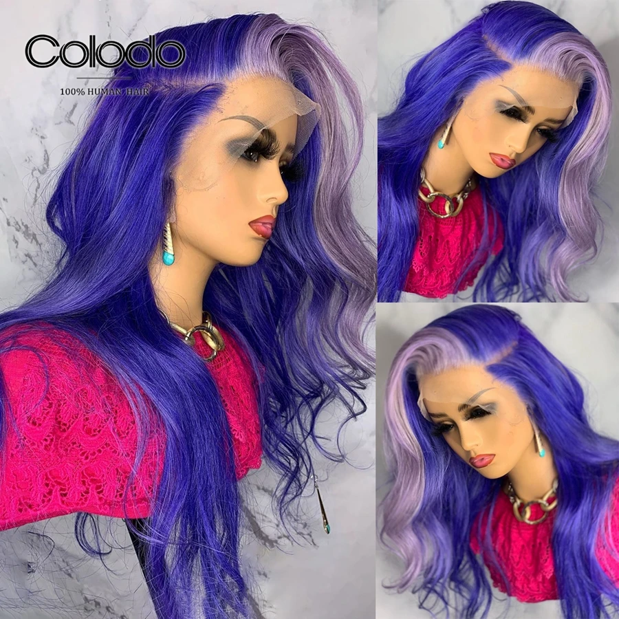 Красочный бразильский пурпурный парик Remy предварительно выщипанные синие