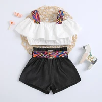 2 piece toddler kid girls summer outfits set ruffles sleeveless solid color strap crop top and tie up black shorts for girls 2 6