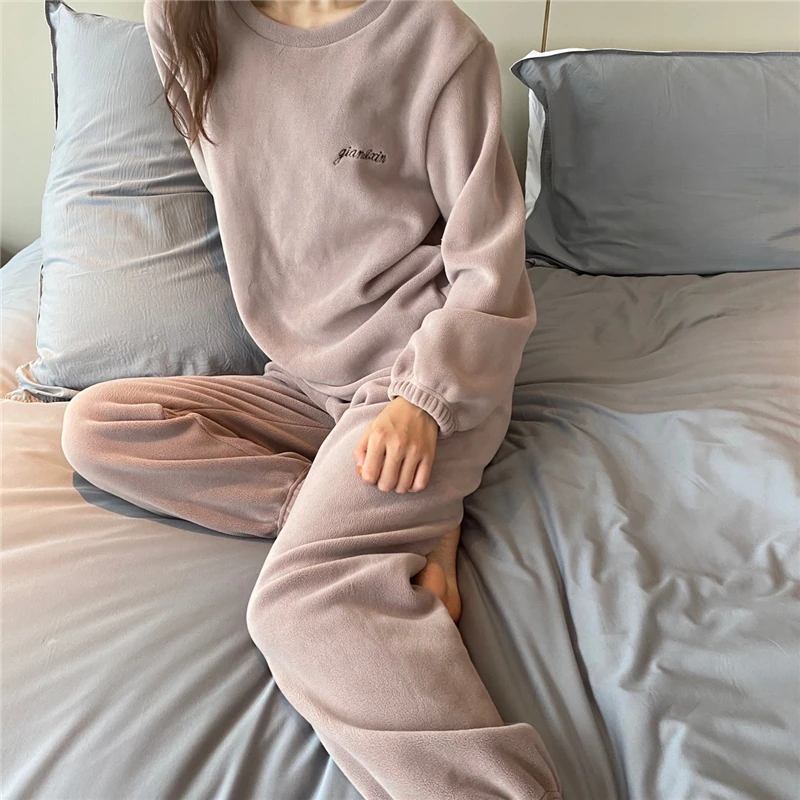 

Women's thickened coral fleece solid color Pullover pajamas and pants sets for leisure comfortable and warm home clothes JJF0082