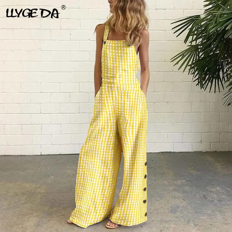 

Summer Plaid Women Jumpsuits Sling High Waist Wide Leg Female Overalls Girls 2021 Streetwear Casual Loose Lady Jumpsuit Buttons