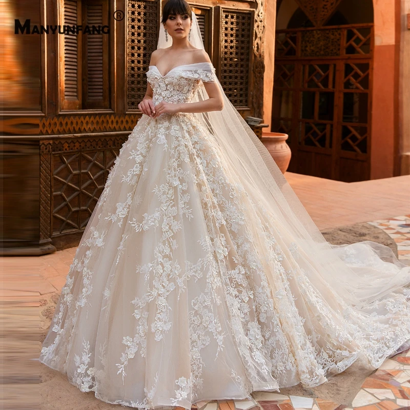 

2021 Hot Sale Cathedral Train 3D Flowers Off the Shoulder Bridal Ball Gown Luxury Sweetheart Neck Zipper Back Wedding Dress