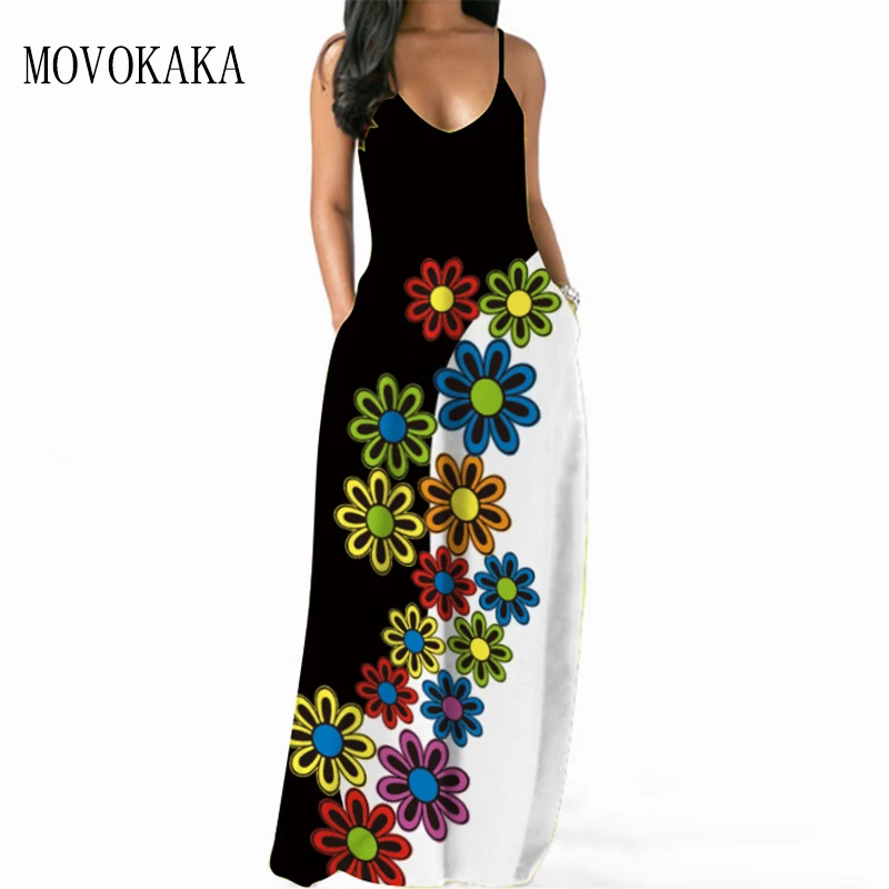

MOVOKAKA Print Sexy Strap Dress Women 2021 Summer Beach Sundresses Elasticity Vestidos Long Dresses Party Black White Maxi Dress