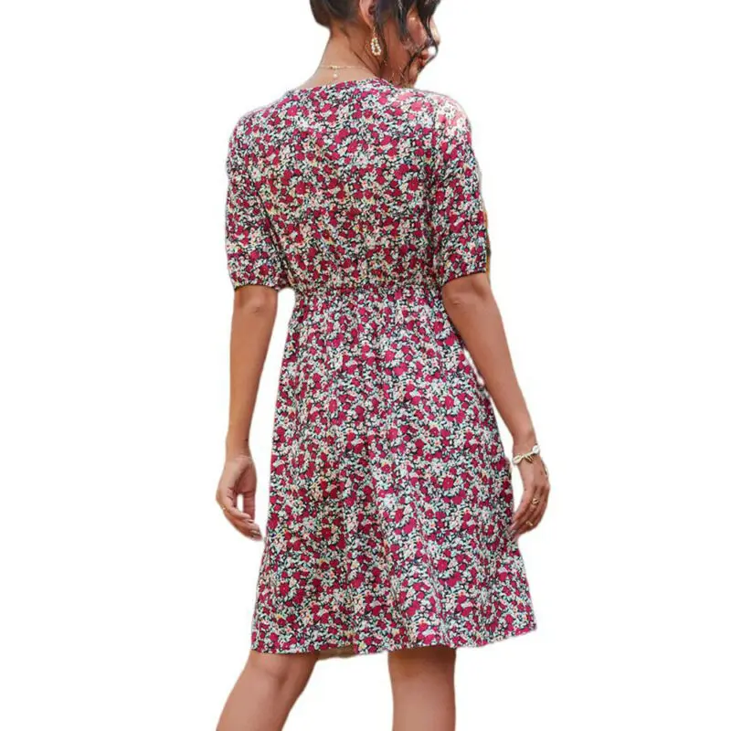 

Trevor Summer Women's Boho Mini Dress Lady V-Neck Floral Party Beach Dress Sundress
