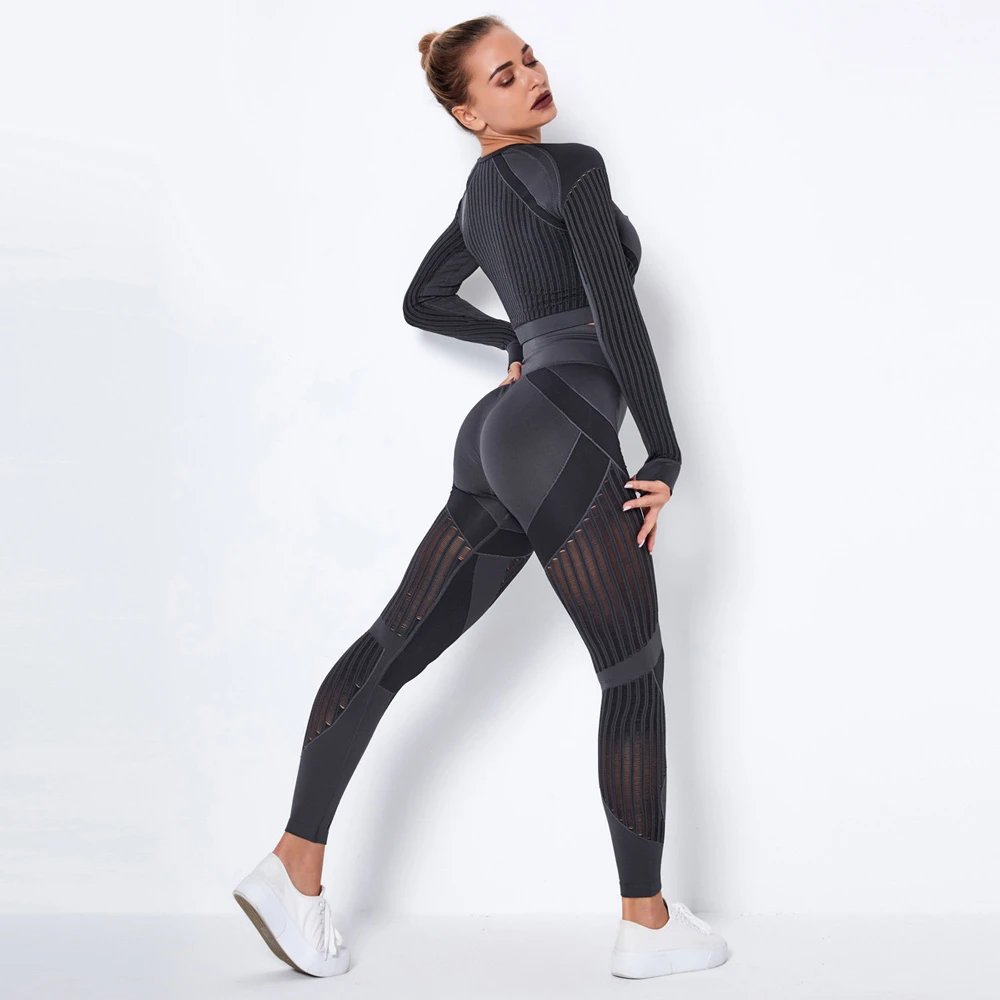 Gym Sport Set Women Mesh Yoga Set Workout Clothes For Women Long Sleeve Crop Top Sexy Seamless Leggings Women Fitness Clothing