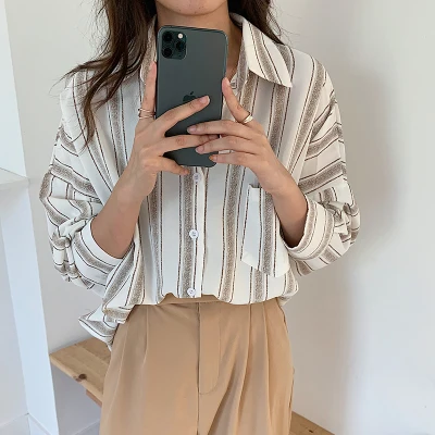 Осенние полосатые винтажные Свободные повседневные обычные шифоновые Базовые