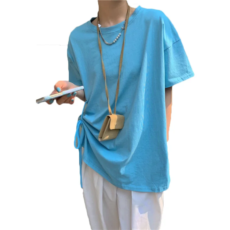 

Blue T-shirt Women's Summer 2021 New Korean Style Cute Loose Versatile Side Slit Lace Design Blouse Short Sleeve