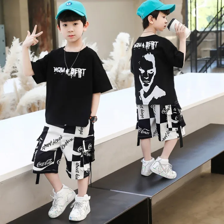 

4-10 Years Teen Boys Clothing Set Children's Hip Hop Dance Clothes Suit Korean Loose Print T-shirts Shorts 2pcs Sets For Big Boy