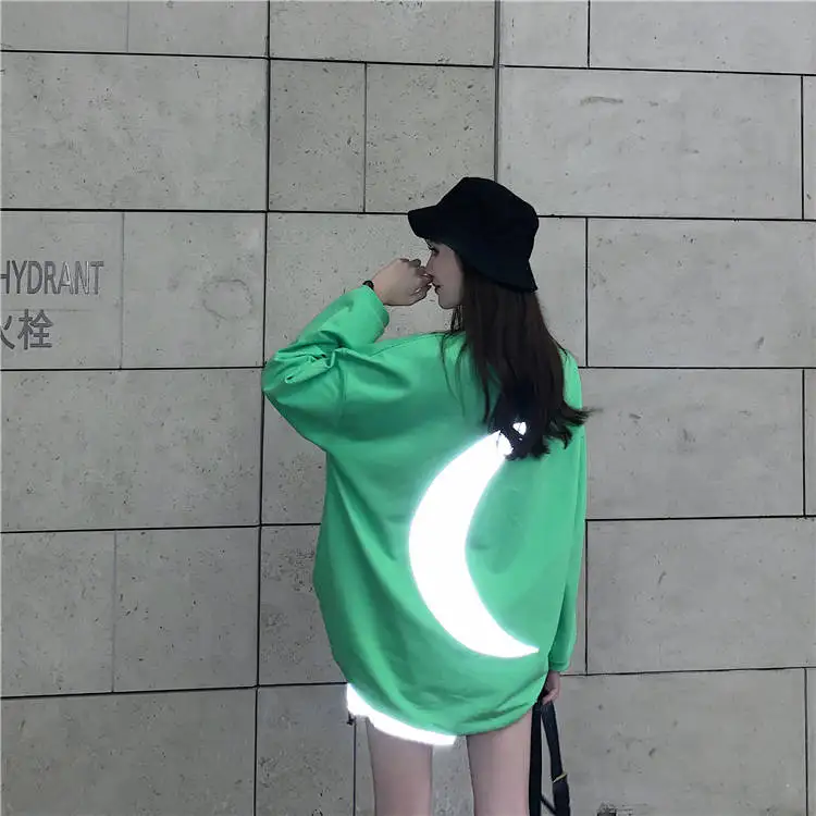 Green-LonSleeves 19ss Лидер продаж! Светоотражающая Футболка с принтом Луны в стиле Харадзюку, Новая модная женская футболка большого размера для подружки, футболки с короткими рукавами, уличная одежда - Цвет: Green-LonSleeves