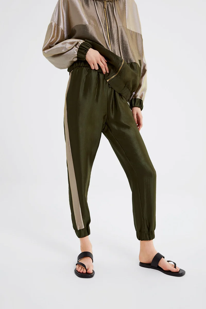 

Women's Casual Loosen 2019 Fall Hooded Jacket +Trousers Set Smooth Green Jogging Suit Traje De deportivo