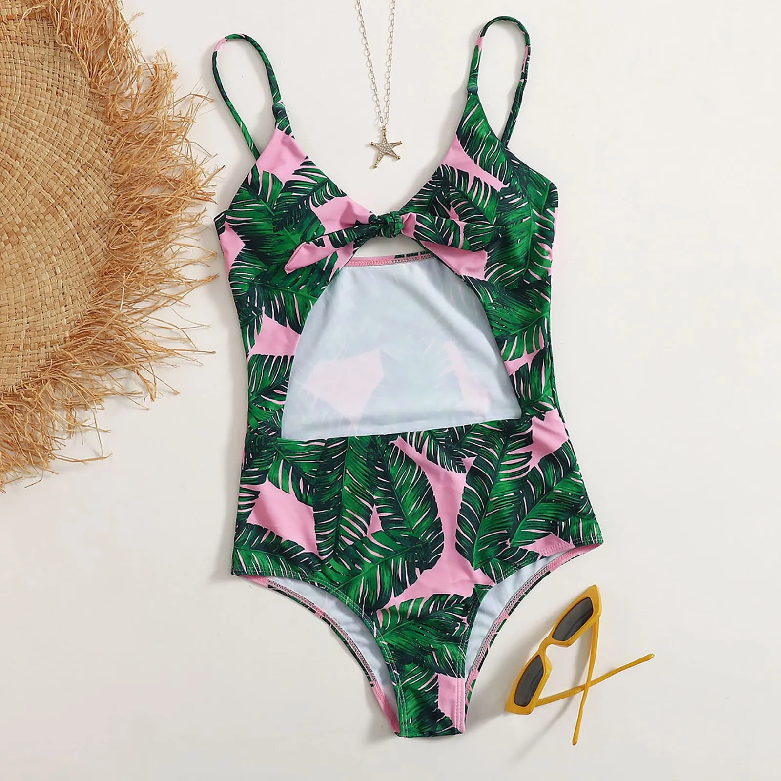 

SAGACE Bikini plant print one-piece leaky belly swimsuit women's ladies bikini swimsuit belly single swimsuit beachwear