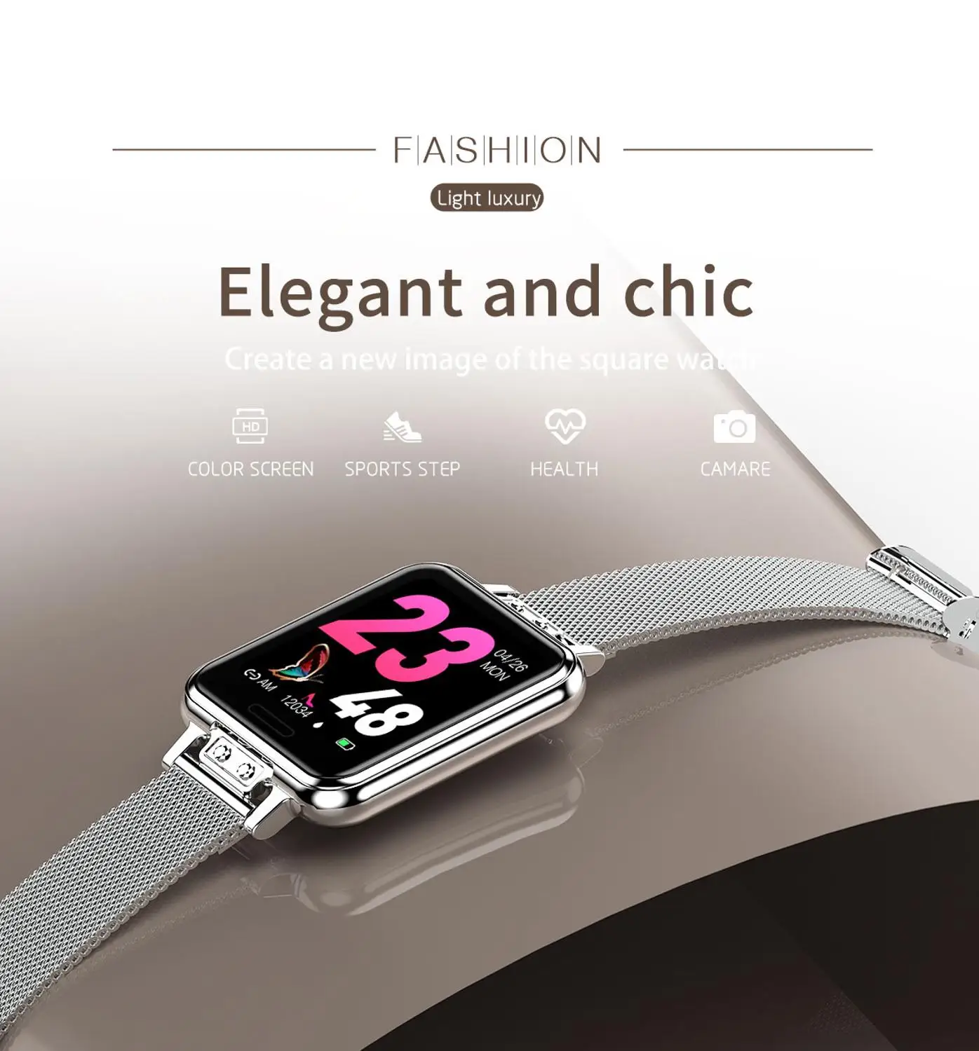 

2020 Smart Watch Women Stainless Steel Color Screen Smartwatch with Heart Rate, Blood Pressure, Female Health, and Notifications