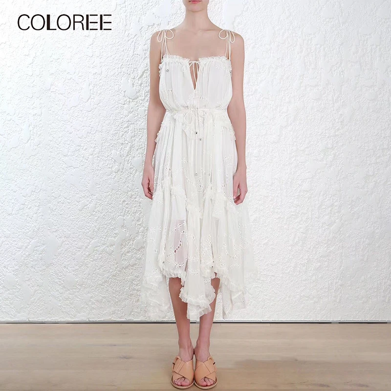 COLOREE Runway дизайнерское женское асимметричное платье сексуальное открытое платье на бретельках белое Элегантное платье без рукавов женское платье