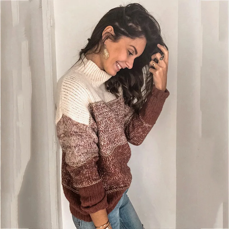 Женский трикотажный джемпер повседневный полосатый свитер с высоким воротом