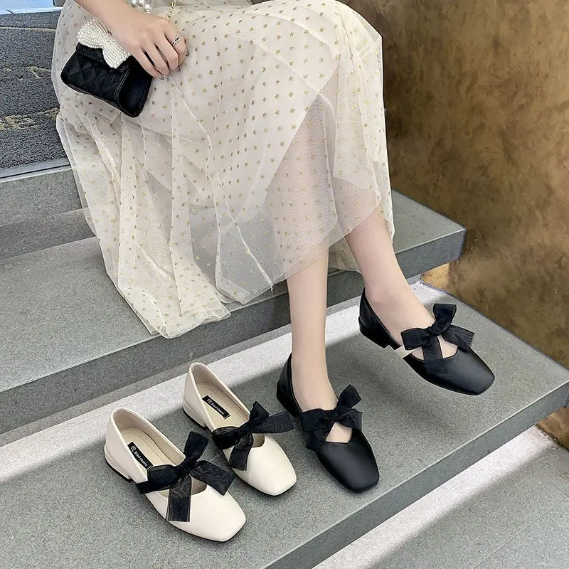 

All-Match Shoes Woman 2021 Elegant Female Footwear Casual Sneaker Shallow Mouth Modis Square Toe Bow-Knot New Dress Summer Comfo