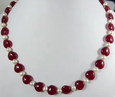 

Freshwater white pearl & red heart shape jades round Necklace