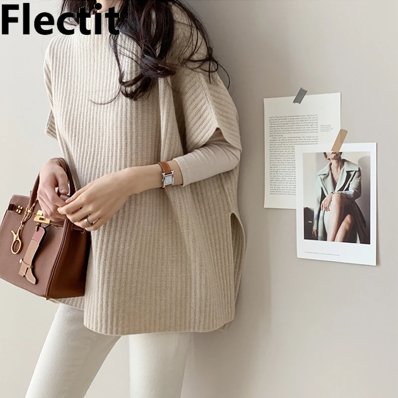 

Flectit Women's Mock Turtleneck Sweater Poncho Cozy Ribbed Pullover Knit Top Fall Winter Trend Outfit *