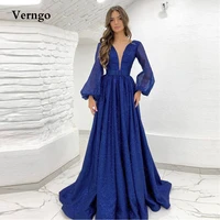 verngo glitter royal blue evening dresses puff long sleeves boat neck backless prom gown vintage women formal party dress