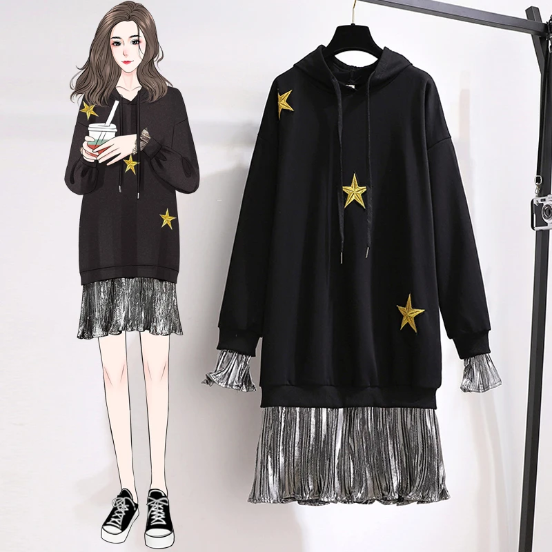 

EHQAXIN Womens Hooded Dresses 2021 Autumn New Straight Ruffle Loose Stitching Star Long Sleeve Dress Ladies L-4XL