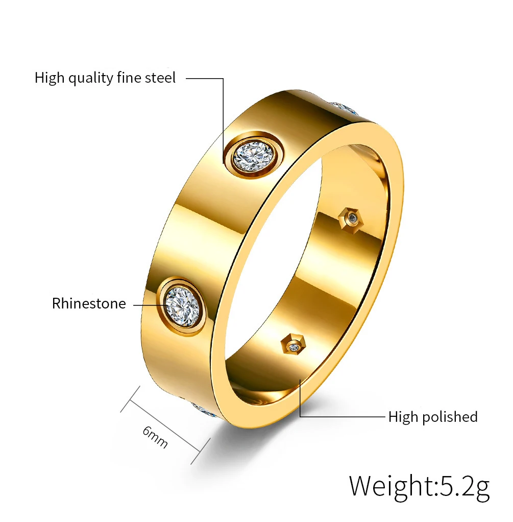 

New 4.5MM/6MM Rhinestone Stainless Steel Rings Fashion Men Woman Couple Ring for Engagement Anniversary Gift Jewelry