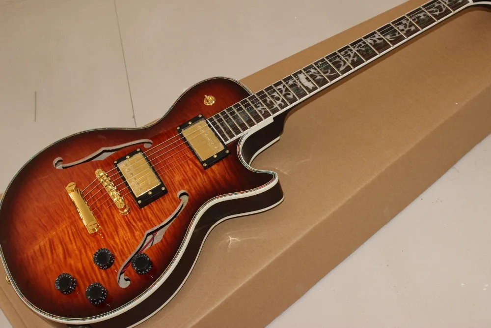 

custom F hollow body jazz electric guitar Rosewood fingerboard gutiarra.double Tiger Flame Sunburst gitaar