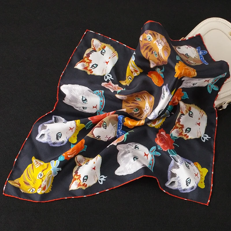 Бутик корейский стиль саржевого шелка квадратное полотенце 70 СМ Кот черный