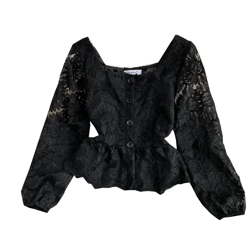 

New Spring Autumn Women Square Collar Long Sleeve Short Shirt High Quality Sweet Flowers Embroidery Lace Shirt