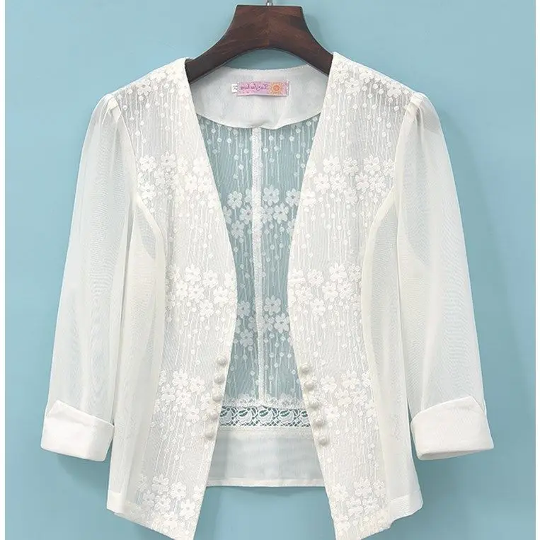 Женская летняя тонкая кружевная рубашка, женская шифоновая блузка с защитой от солнца и рукавом три четверти, ажурный кардиган, женские рубашки G322, новинка 2023