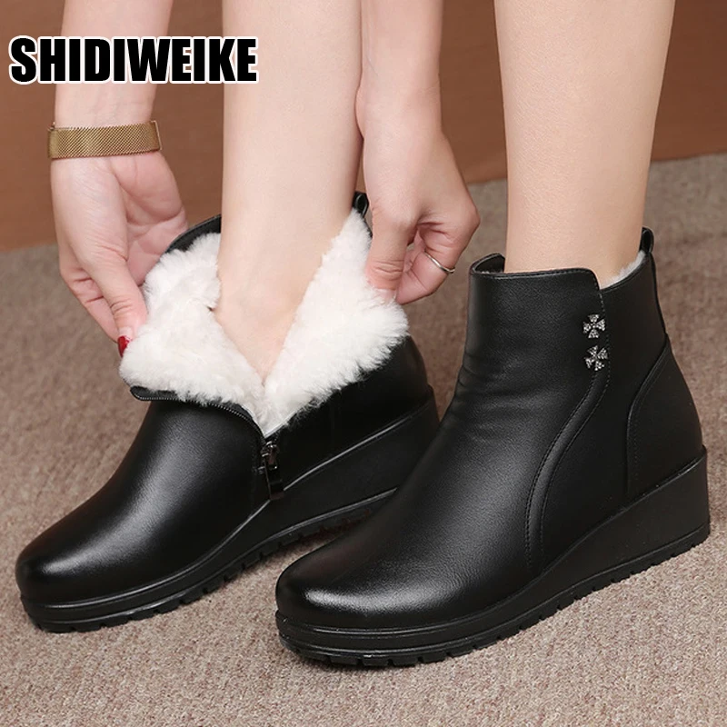 

Winter Warm Shoes For Woman Black Short Boot wool Womens Genuine Leather Ankle Boots Women Snow Boots Waterproof Ladies Zip Boot