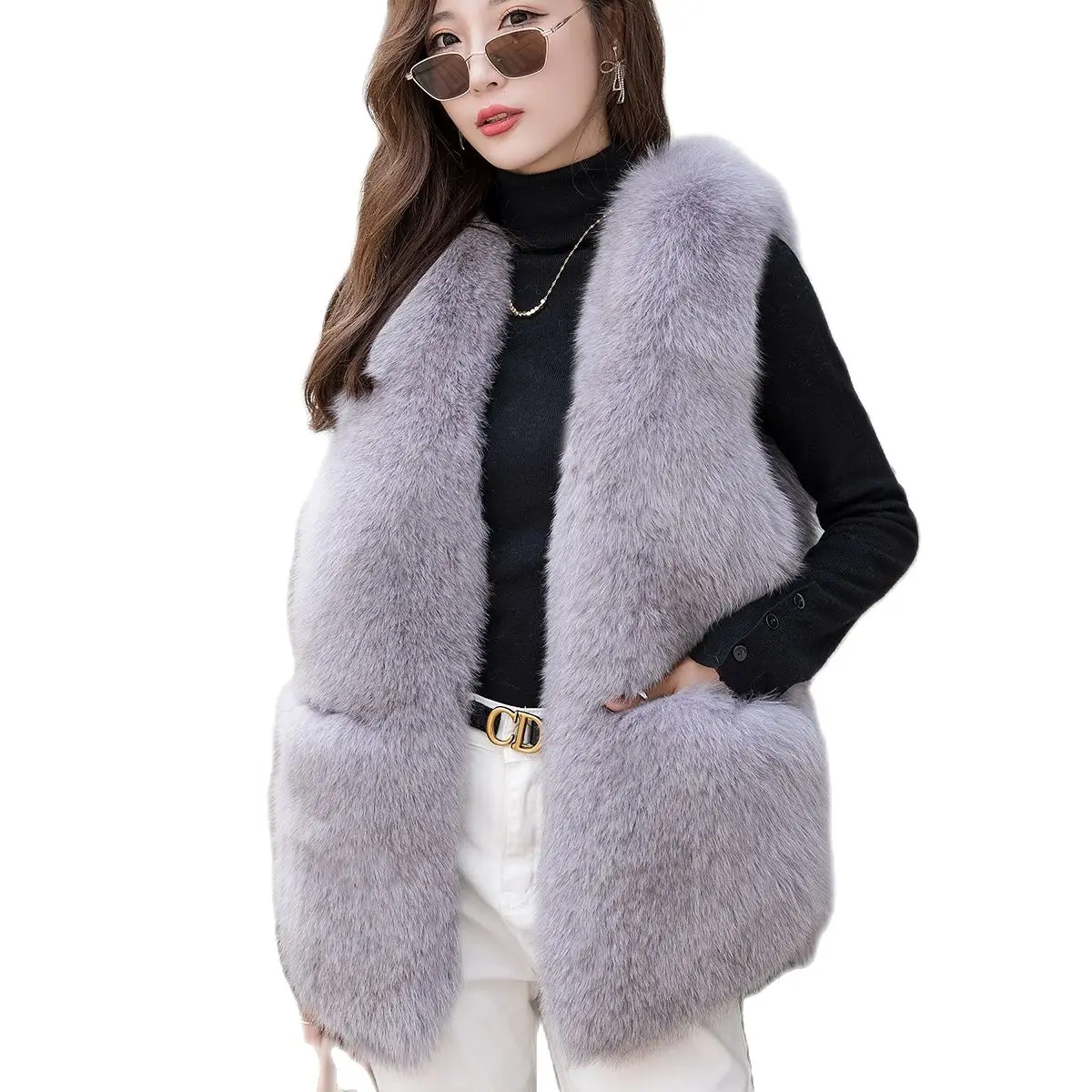 Natural fox fur waistcoat, full fur women's jacket, fox fur top, outer wear leather grass waistcoat, noble clothing