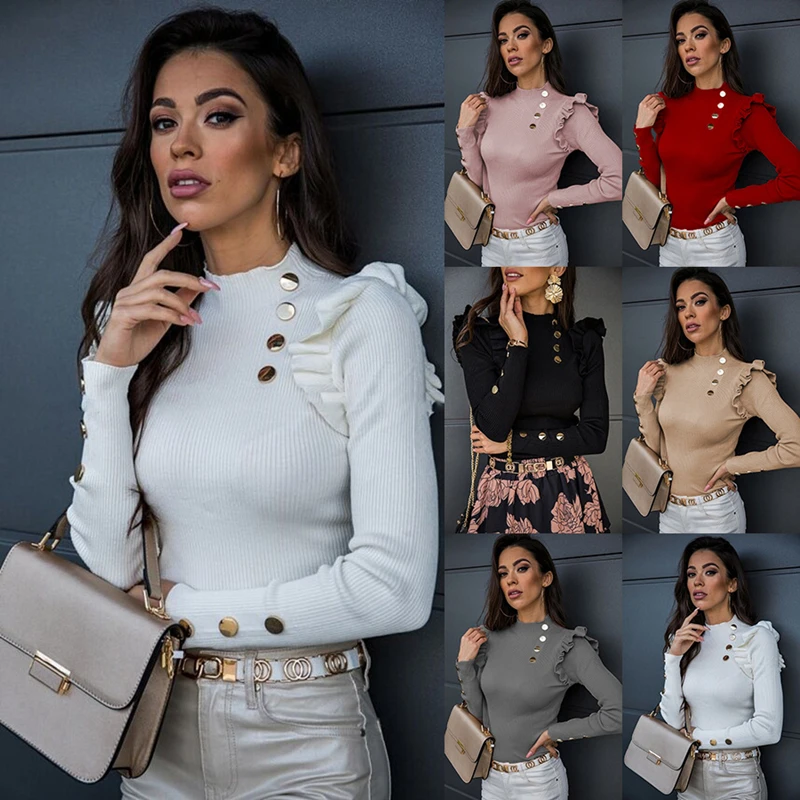 

Autumn Winter High Collar Long Sleeve Solid Slim Knitted Top Elegant Women Warm Sweaters Single-breasted Design Ruffles Decor