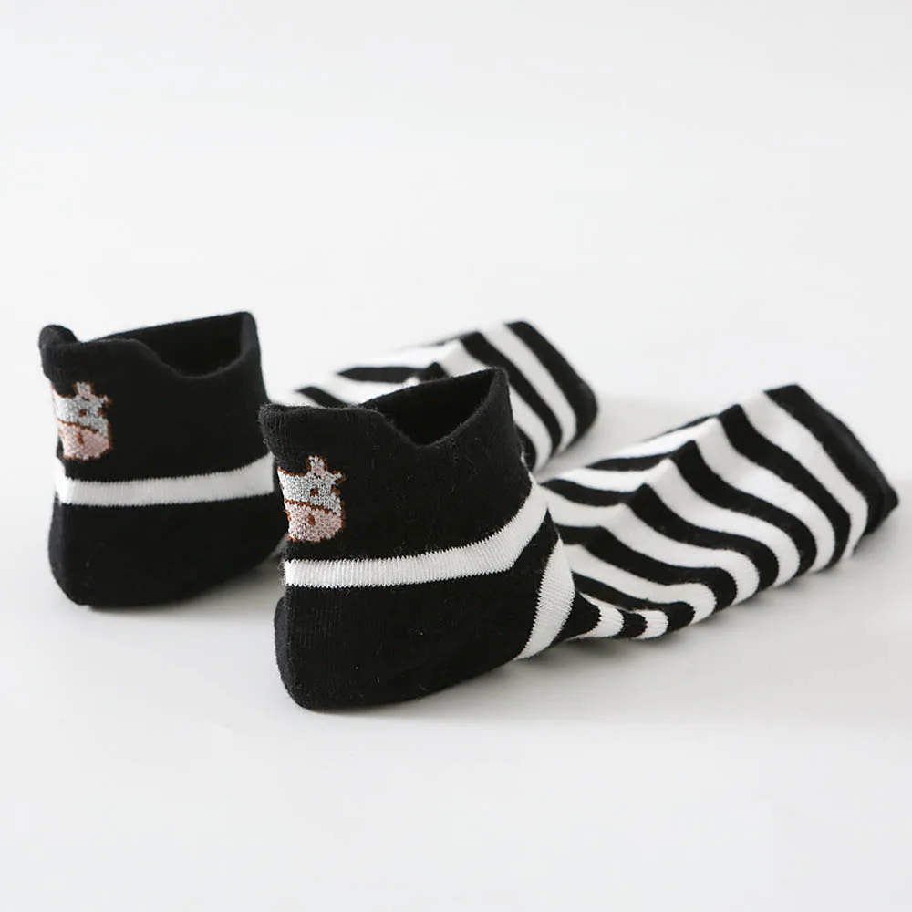 

New Black White Embroidery Boat Socks Cow Stripes Cartoon Cute Japanese Short-tube Cotton Socks Student Trendy Socks