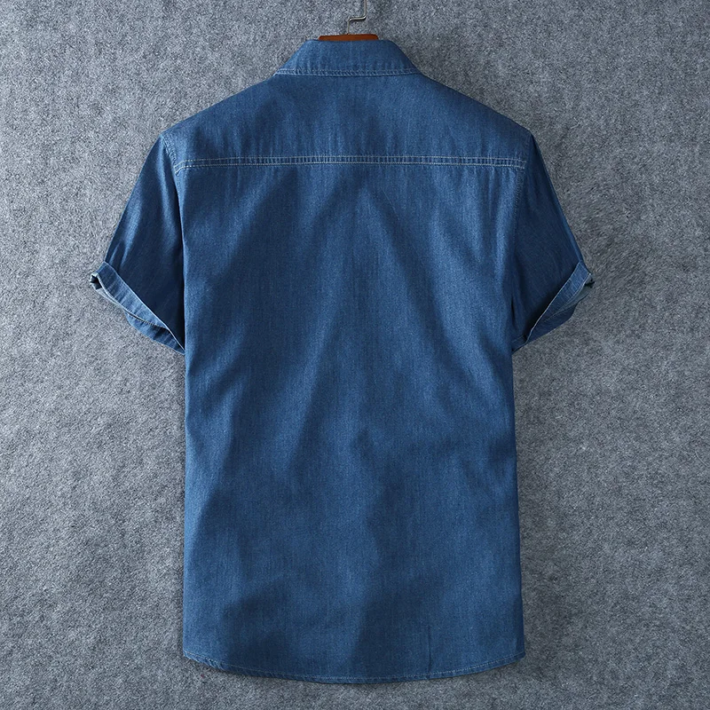 Men's Blue Denim Shirts Short Sleeve Jean Shirts New Summer High Quality Men Cotton Light Blue Denim Shirts Plus size L-8XL