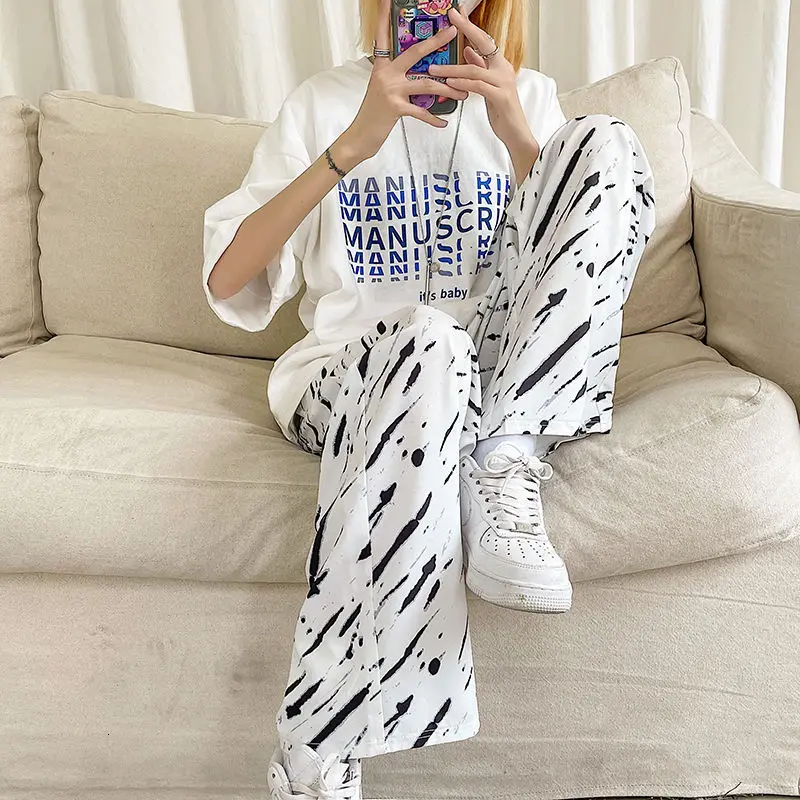 

Summer Thin Casual Pants Men's Fashion Printed Wide-leg Pants Men Streetwear Loose Hip-hop Straight Ice Silk Pants Mens Trousers