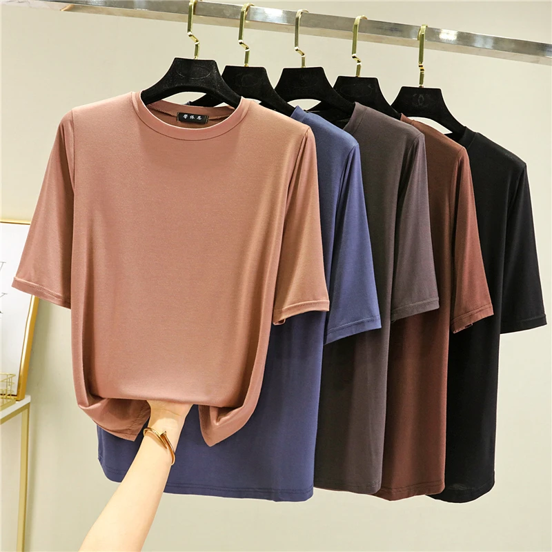 Solid Half Sleeve T-shirt Women's Summer Thin Simple Basic Top 2021 Autumn Casual Loose Slim T-shirt Elegant Bottoming Shirt