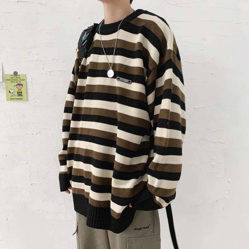 

Mens Casual Sweater O-Neck Striped Slim Fit Knittwear 2020 Autumn Loose Stripe Sweaters Pullovers Homme Streetwear Men Clothing