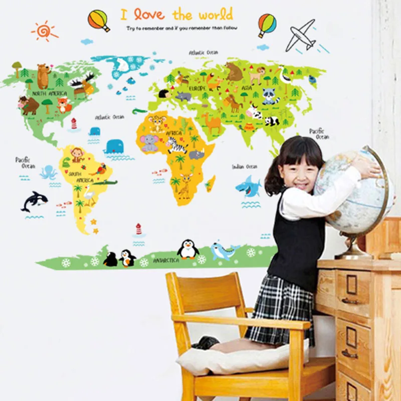 Животные Карта мира красочный мир наклейка домашний декор DIY детская комната