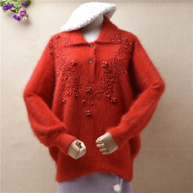 

Пуловер женский из шерсти Ангорского Кролика, с вышивкой, норковым мехом