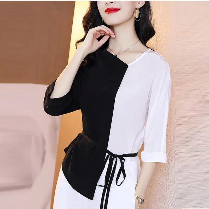 

Women'S Spring Summer Style Chiffon Blouses Shirt Women'S Lace Up V-Neck Asymmetry Patchwork Long Sleeve Casual Tops SP781