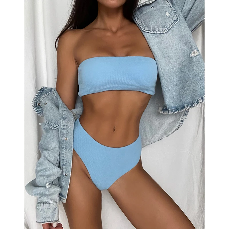 

Rivertrip Ribbed Bikinis Sexy Women's Swimsuits Strapless Swimwear Bandeau Biquini Soldi Blue Bikini Set High Cut Bathing Suits