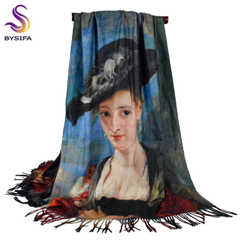 Женские шерстяные шарфы BYSIFA теплые длинные кашемировые серого и синего цвета из