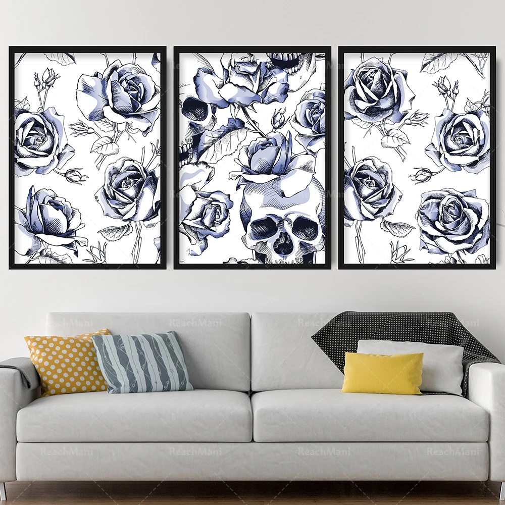 

Prints Black & Navy Floral Abstract Rose Skulls Flower Wall Art Print Picture Gallery Wall Poster Decor Gift