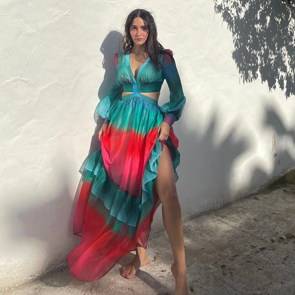 Женское ажурное платье с V-образным вырезом и открытой спиной длинное