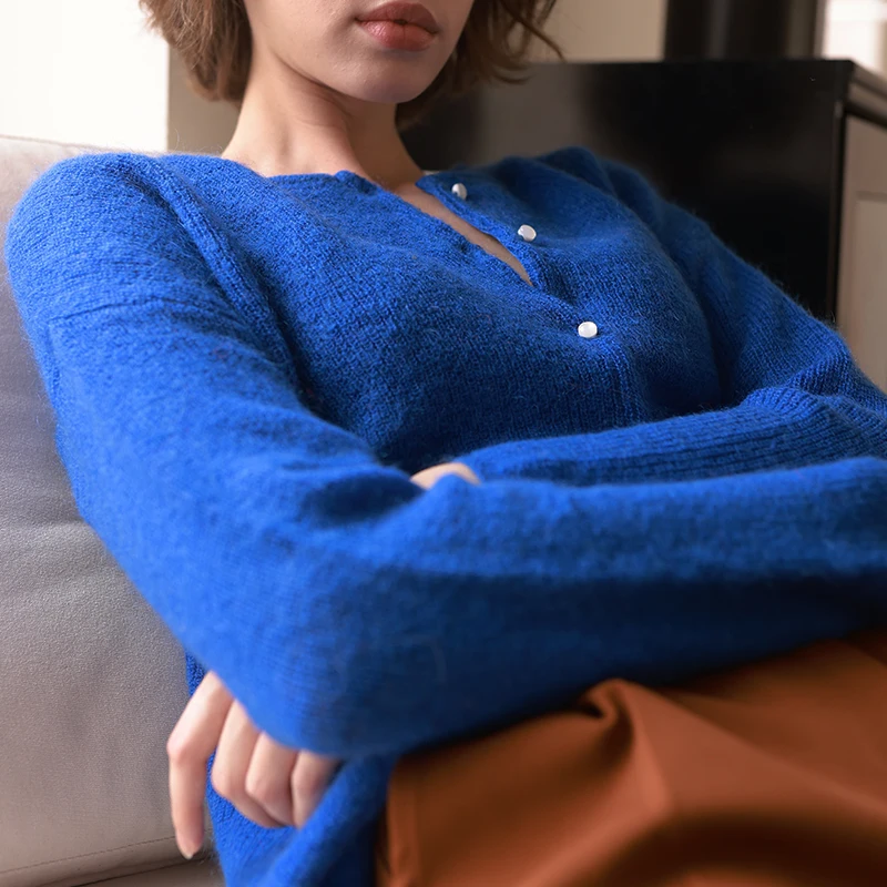 

Rib Knitting Mohair Gilet Autumn Winter Women Long Sleeves Round Neck Soft Jumper Vintage Casual Female Retro Sweater Cardigan
