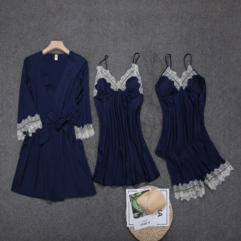 

Women's Sexy Robe & Gown Sets Lace Bathrobe + Night Dress 4 Four Pieces Sleepwear Womens Sleep Set Faux Silk Robe Femme Lingerie